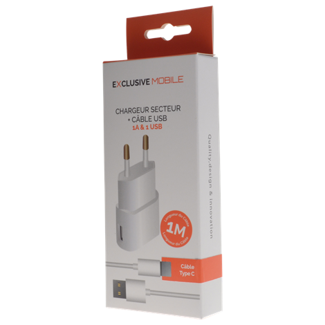 Pack Chargeur Secteur 1A + Câble USB Type C 1M Blanc TQ